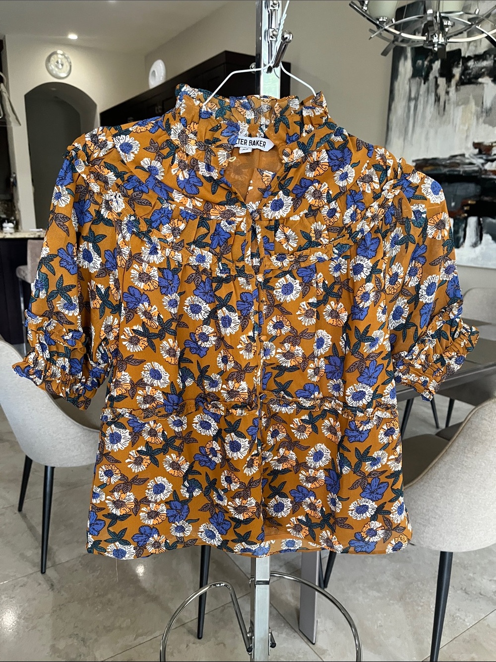 Ted Baker Mustard Floral Ruffle-Trim Blouse with buttons in front. Size XS